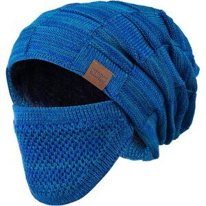 Men & Women  D5 Blue Winter Warm Knit Slouchy Skull Cap with Face Cover
